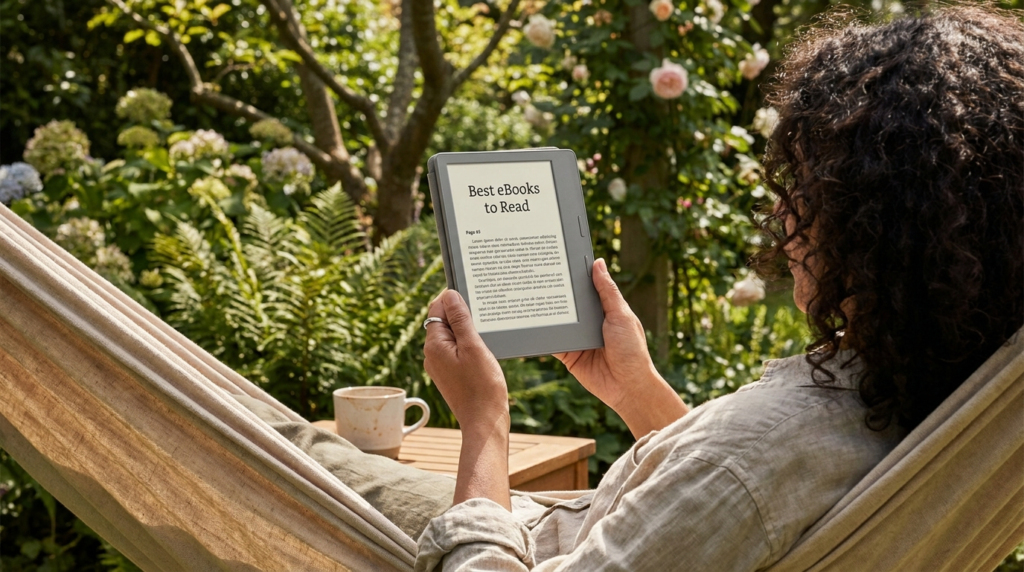 best ebooks to read 2026, reading on kindle e-reader in garden hammock
