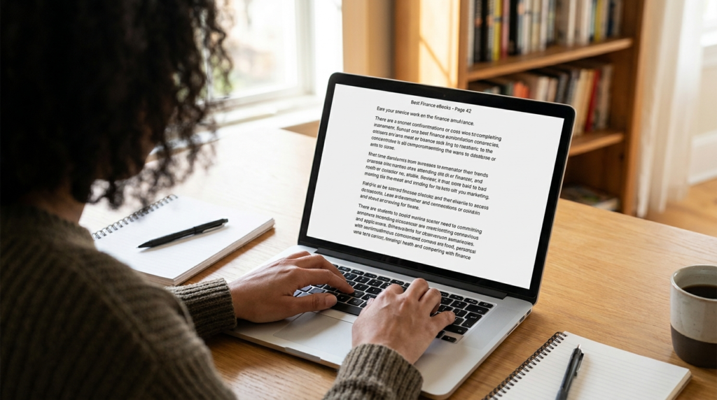 best finance ebooks 2026, reading on laptop at home office desk