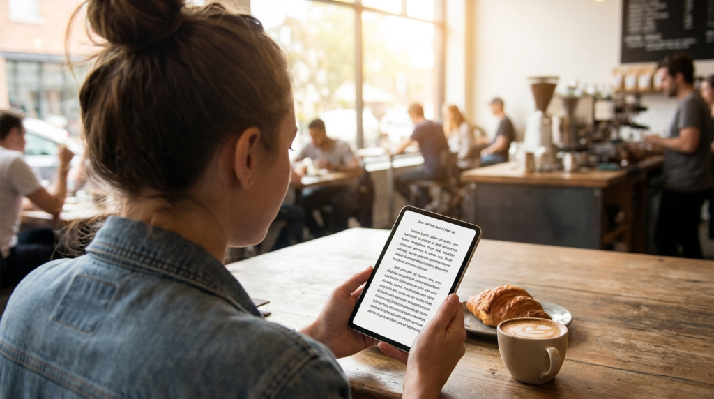 best self help books ebook open page, reading on phone at coffee shop