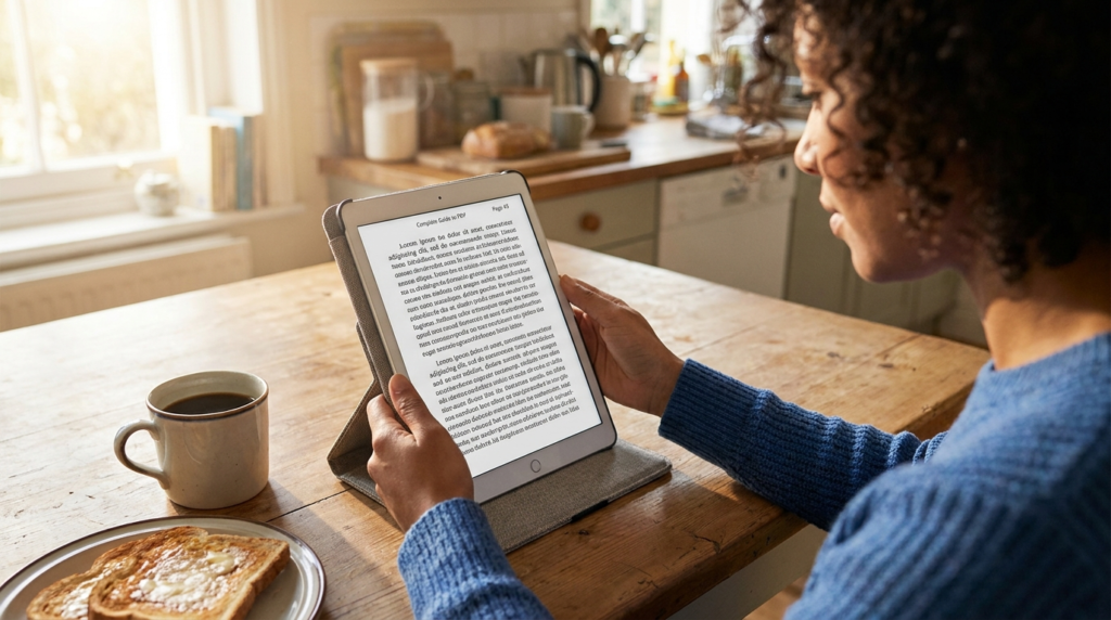 complete guide to instant pdf downloads, reading ebook on tablet at kitchen table