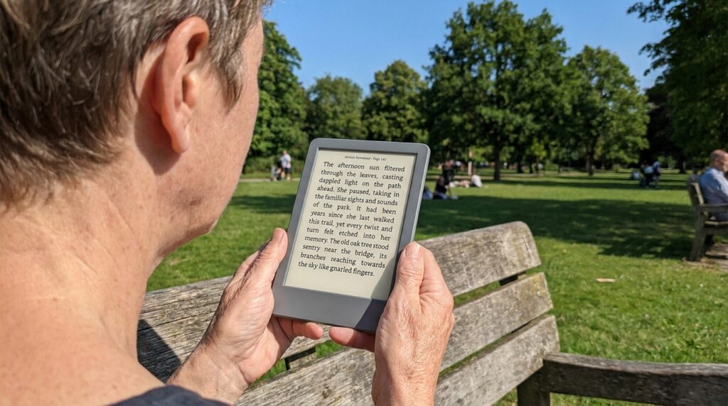 instant ebook download, reading on kindle e-reader outdoors in park