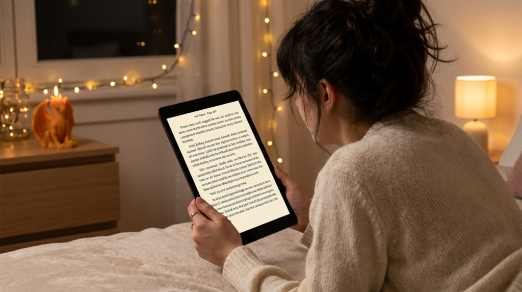 iron flame empyrean ebook open page, reading on tablet at night