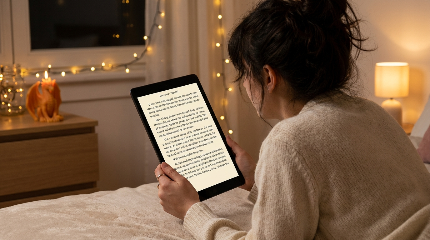 iron flame empyrean ebook open page, reading on tablet at night