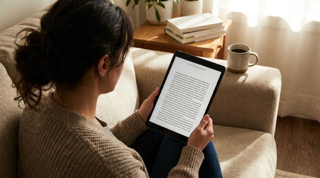 let them theory ebook open page, reading on tablet