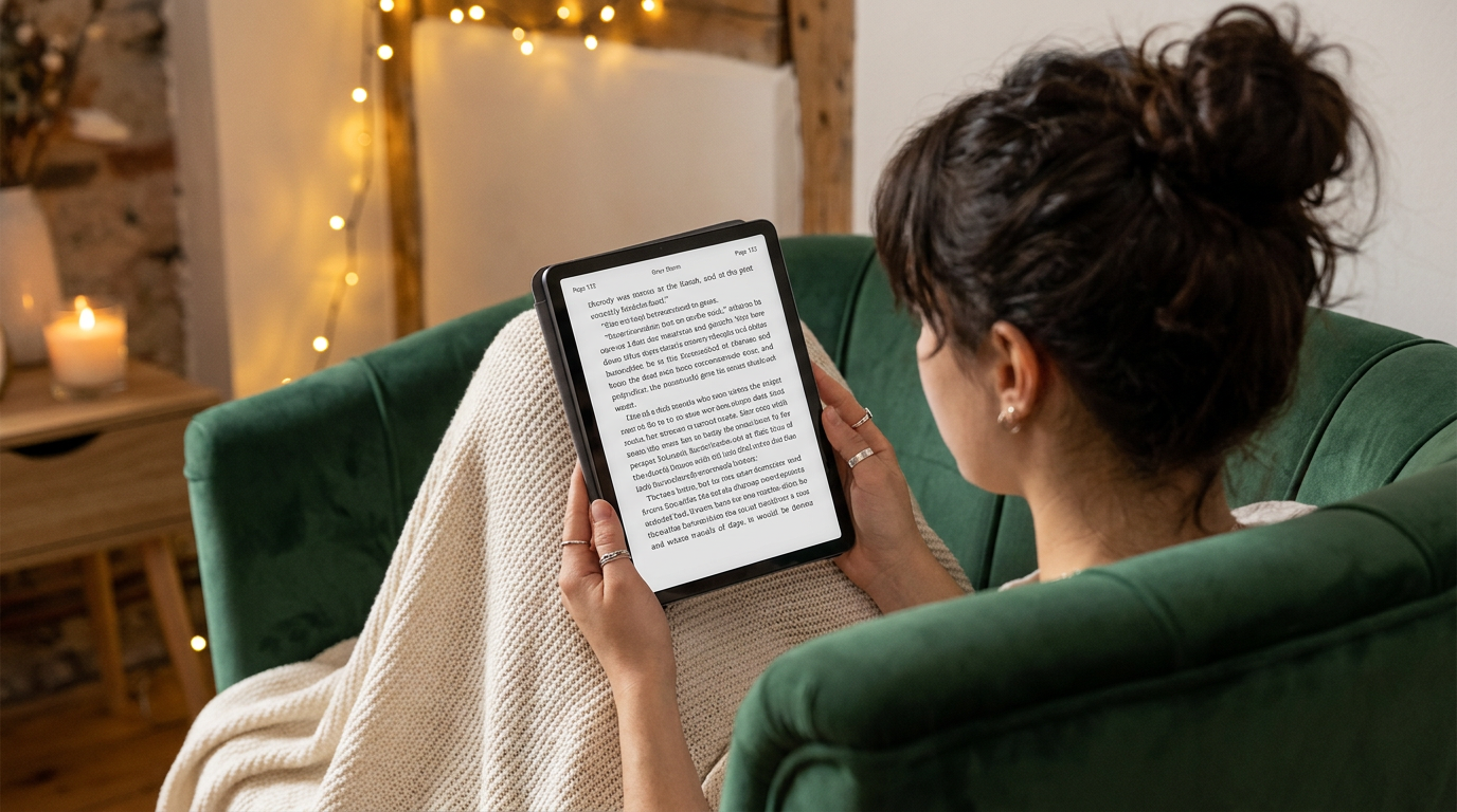 onyx storm empyrean ebook open page, reading on tablet in cozy reading corner