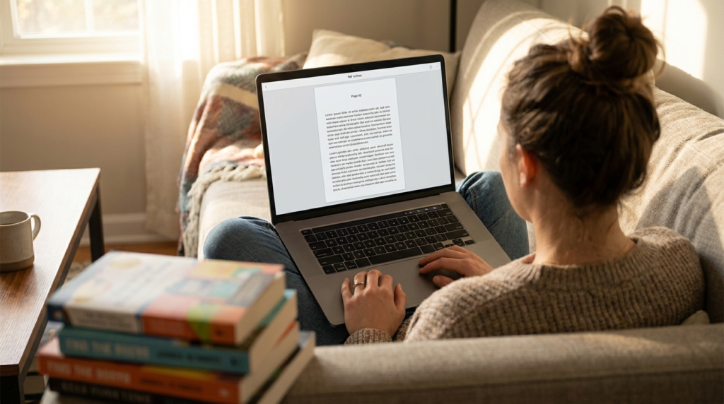 pdf ebooks vs print books, reading ebook on laptop at home