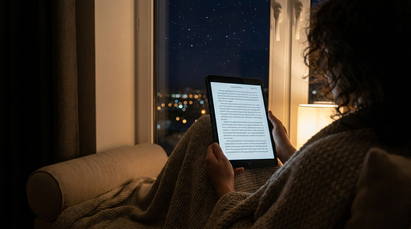 project hail mary ebook open page, reading on tablet under starry sky