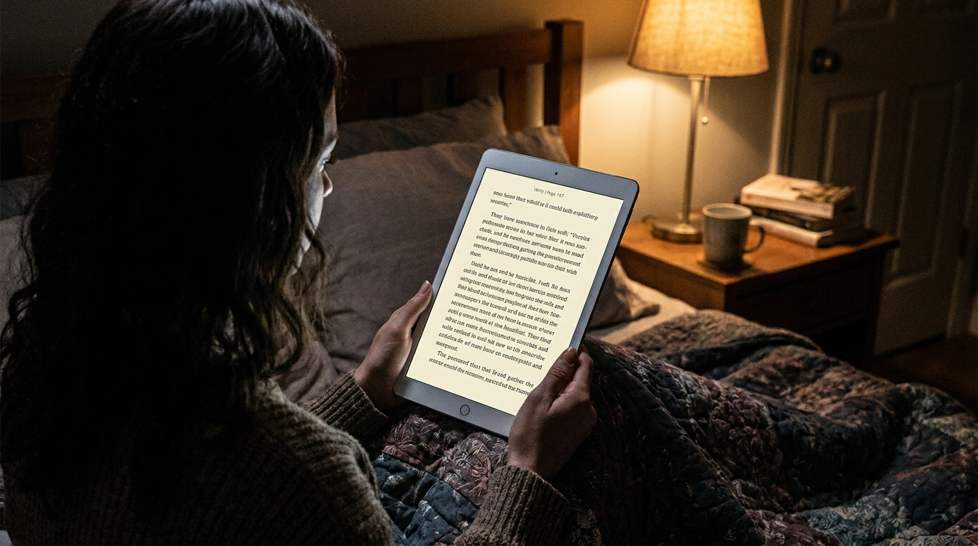 verity colleen hoover ebook open page, reading on tablet at night